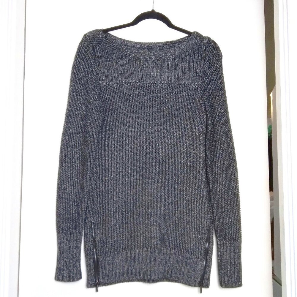 Black & Silver Metallic Knit Long Boat Neck Pullover Sweater Zip Detail Sz S/P